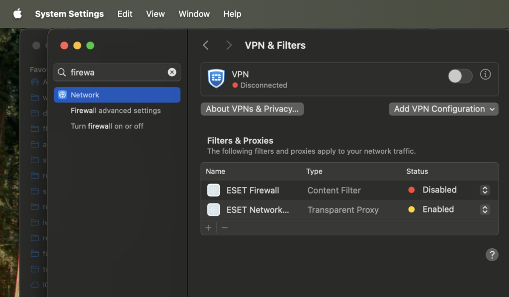 Network settings screen on Mac OS Sequoia