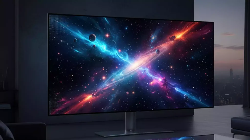 Micro RGB TV technology display panel glowing in a dark room