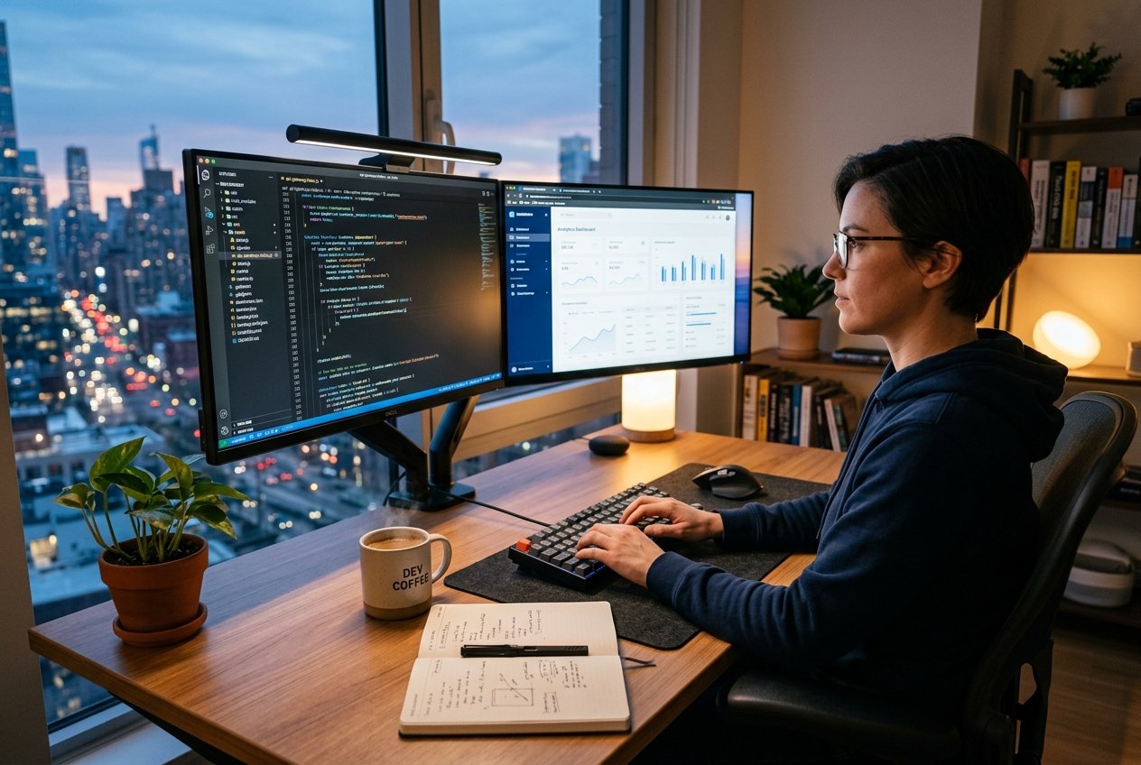Professional workspace of a James Ify Development Expert featuring modern coding tools and software interfaces.