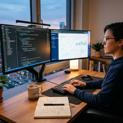 Professional workspace of a James Ify Development Expert featuring modern coding tools and software interfaces.